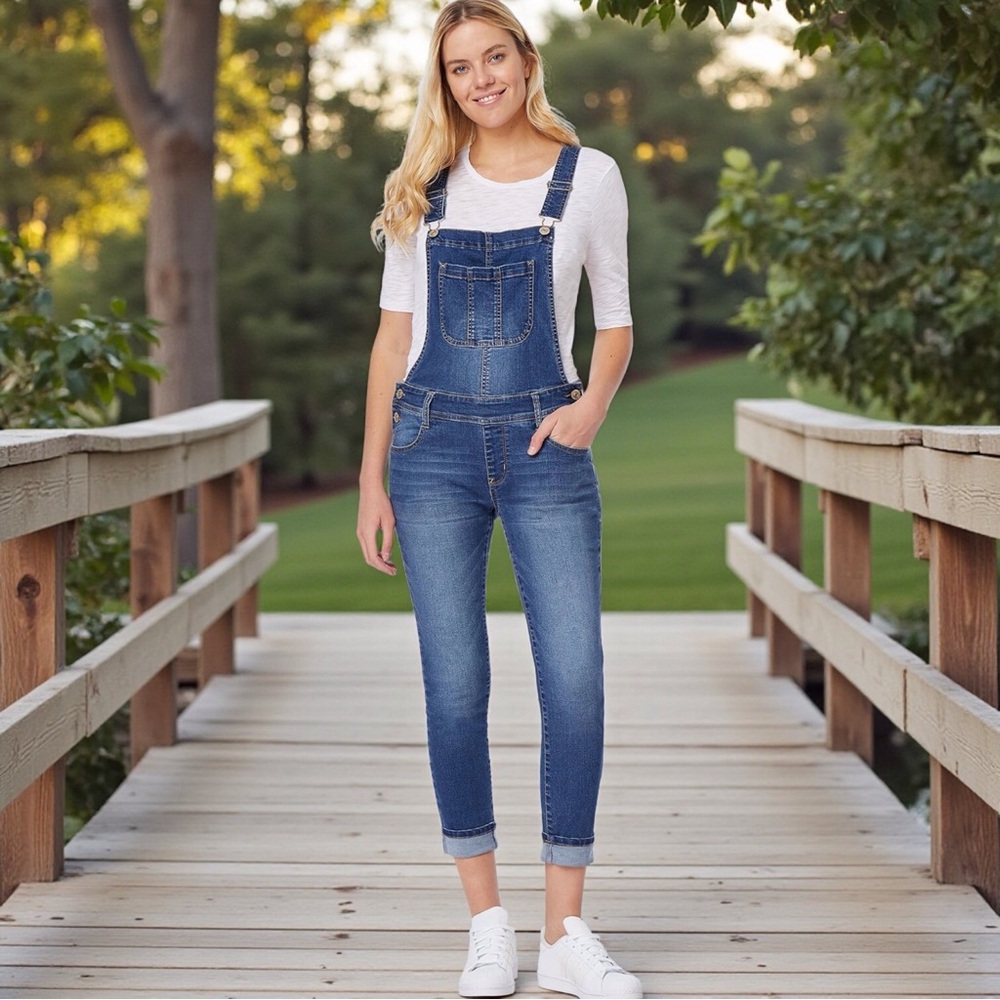 Wallflower Casual InstaStretch Feathered Blue Jean Denim Bib Overalls